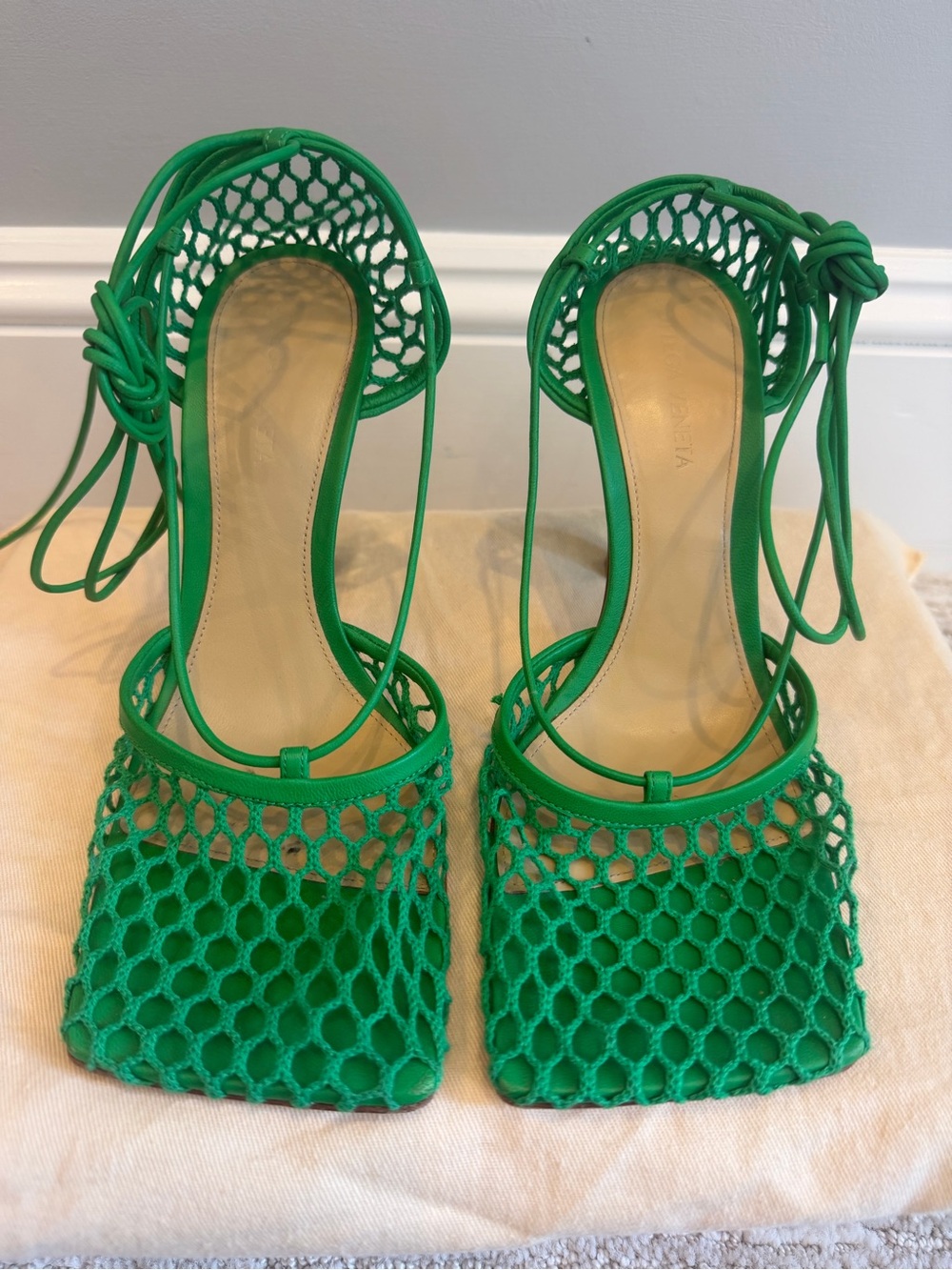 Bottega Veneta Vibrant Green Lace-Up Mesh Heels
